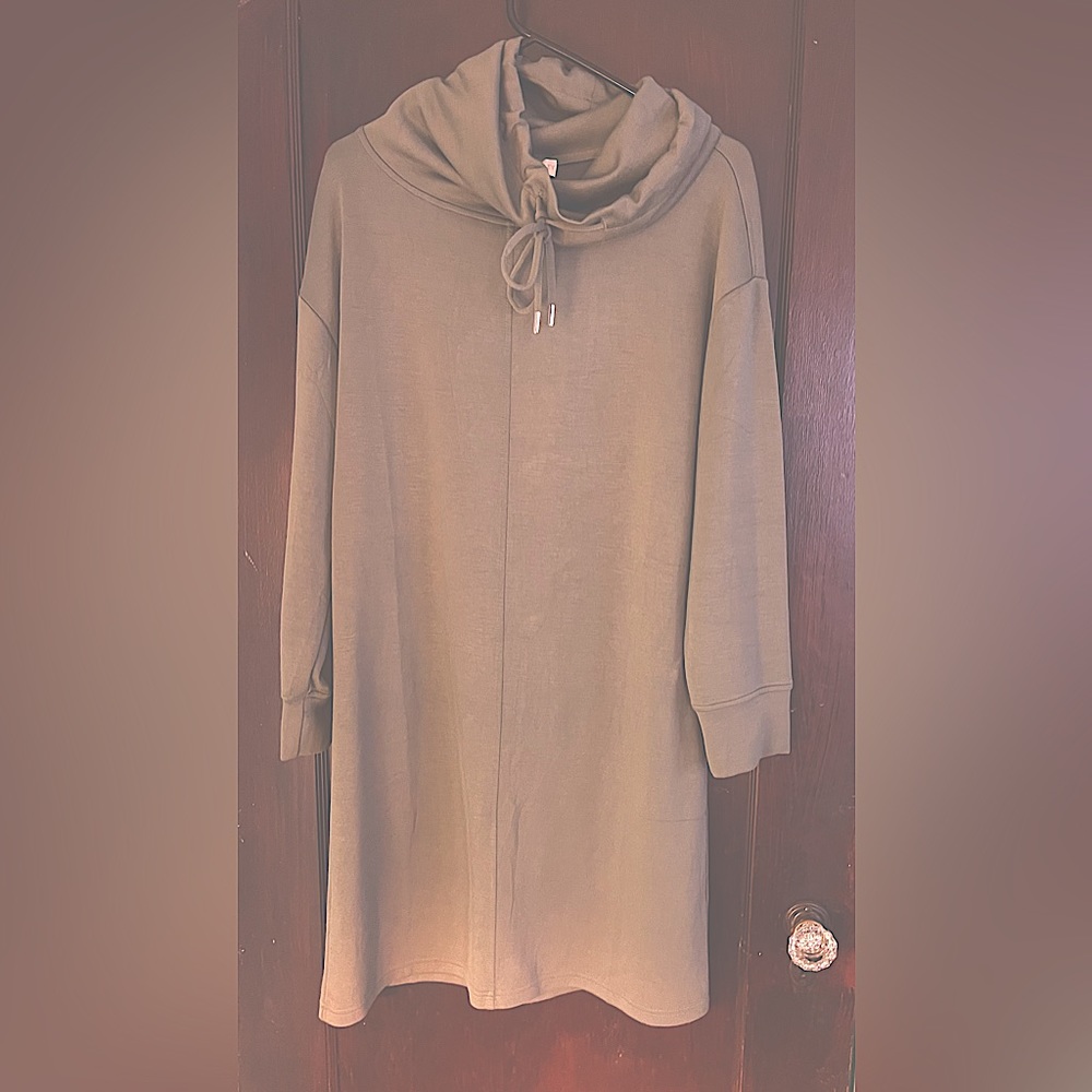 Cowlneck knit dress in olive green